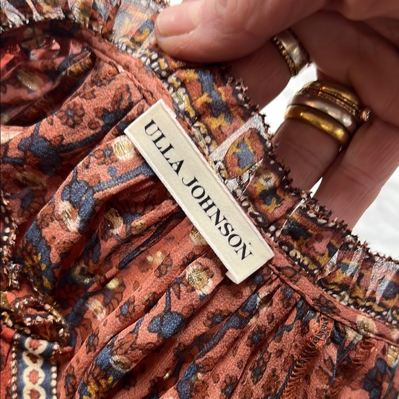 Ulla Johnson Calista Sheer Silk Blouse in Rust Gold and Navy Size 2 - Picture 12 of 14